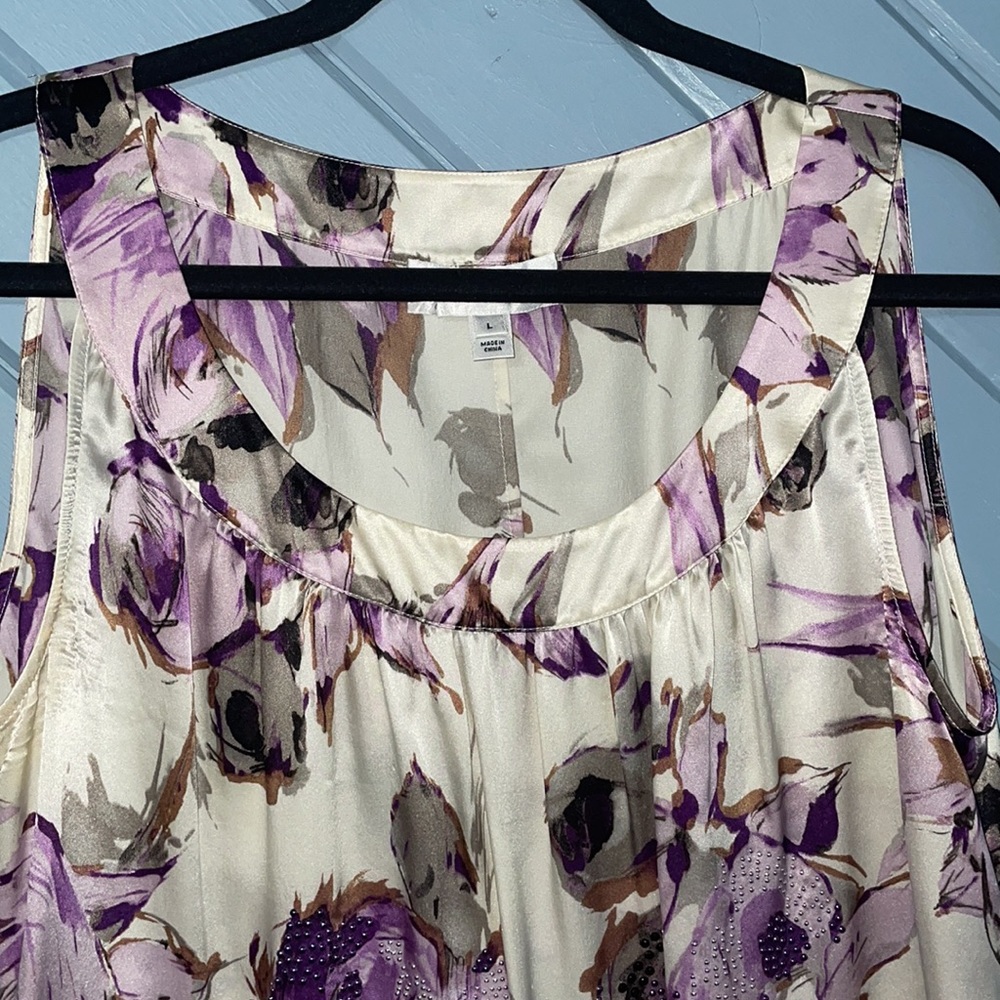 St. John evening 100% silk beaded floral cream purple sleeveless blouse - Picture 5 of 10